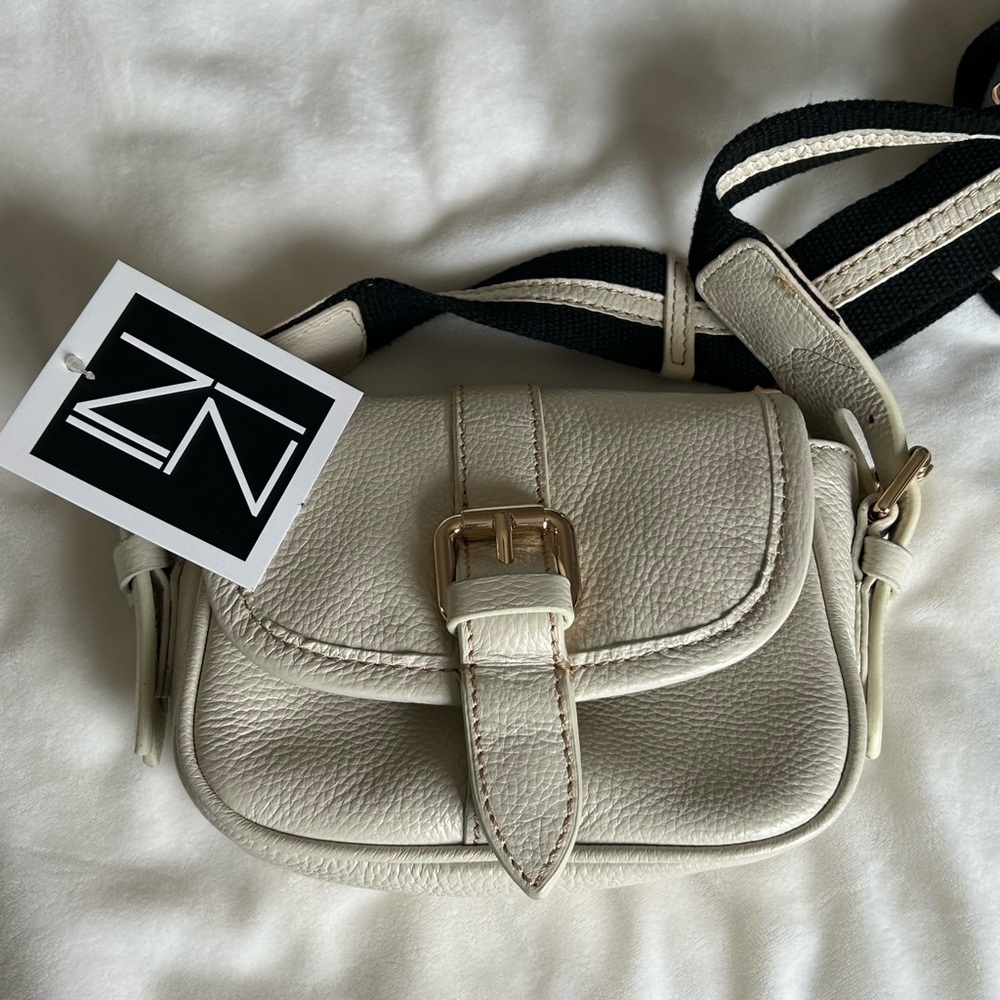 Cream Pebbled Leather Crossbody Bag with Buckle Detail